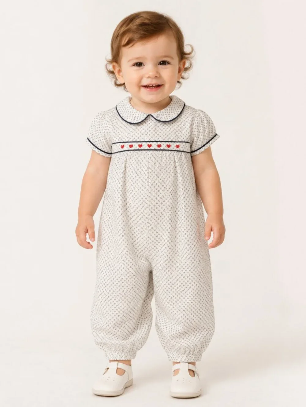 Smockingbird 24M Smocked Heart Romper Peter Pan Collar Classic Heirloom